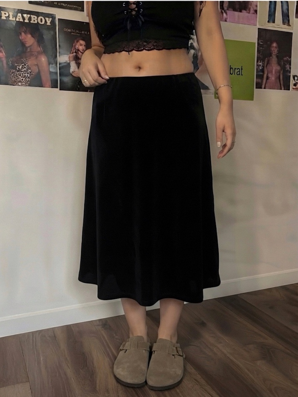 Vintage 90s Cleo Velvet Skirt Pull-On Midi Black Large Whimsigoth Fall